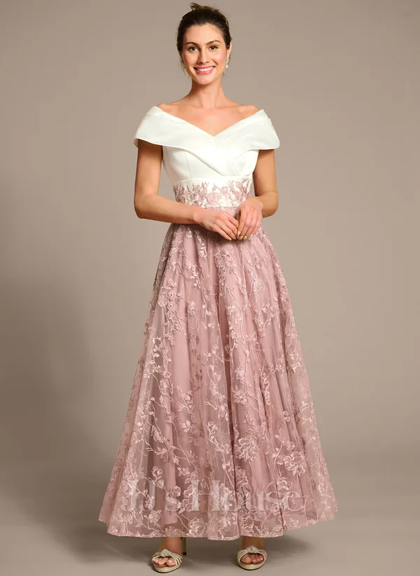 A-line Off the Shoulder Ankle-Length Satin Lace Mother of the Bride Dress With Pleated Sequins