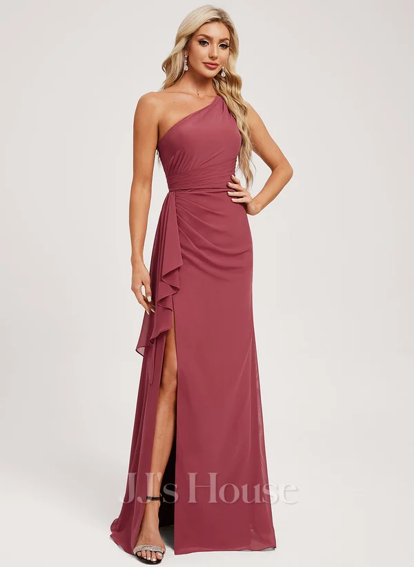 A-line One Shoulder Floor-Length Chiffon Bridesmaid Dress With Ruffle