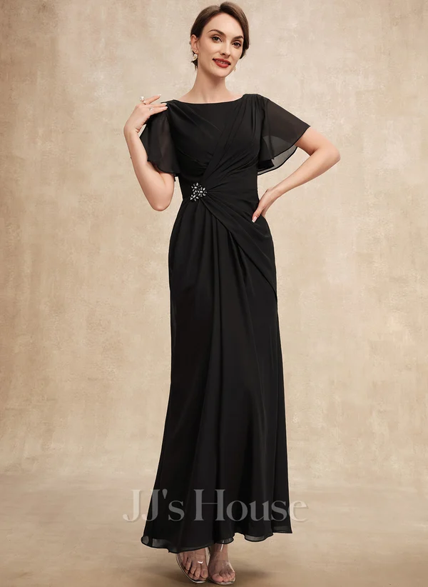 A-line Scoop Ankle-Length Chiffon Mother of the Bride Dress With Beading Pleated﻿