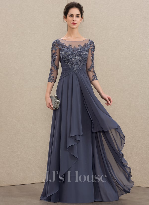 A-line Scoop Illusion Floor-Length Lace Chiffon Mother of the Bride Dress With Cascading Ruffles