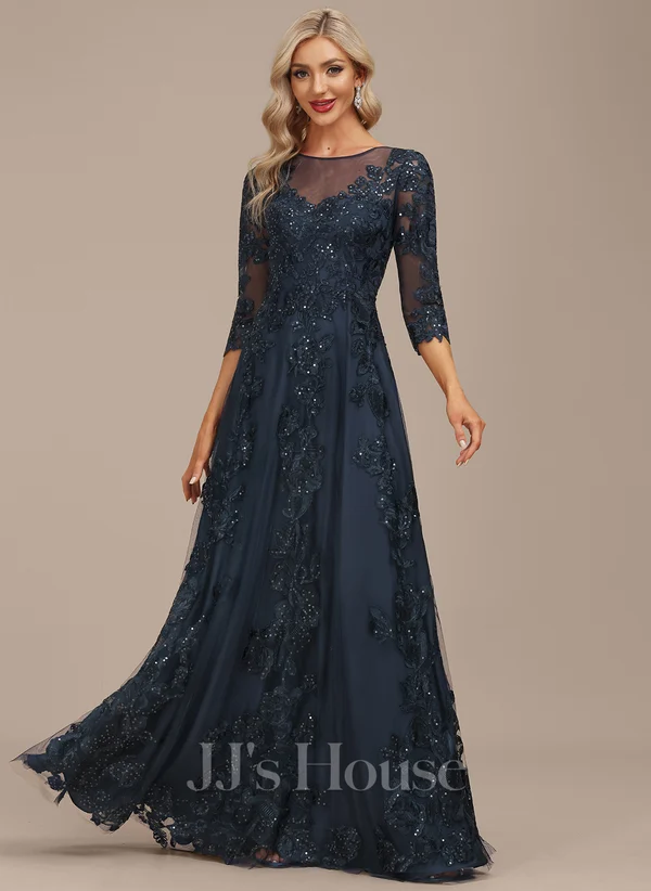 A-line Scoop Illusion Floor-Length Tulle Lace Mother of the Bride Dress With Sequins﻿