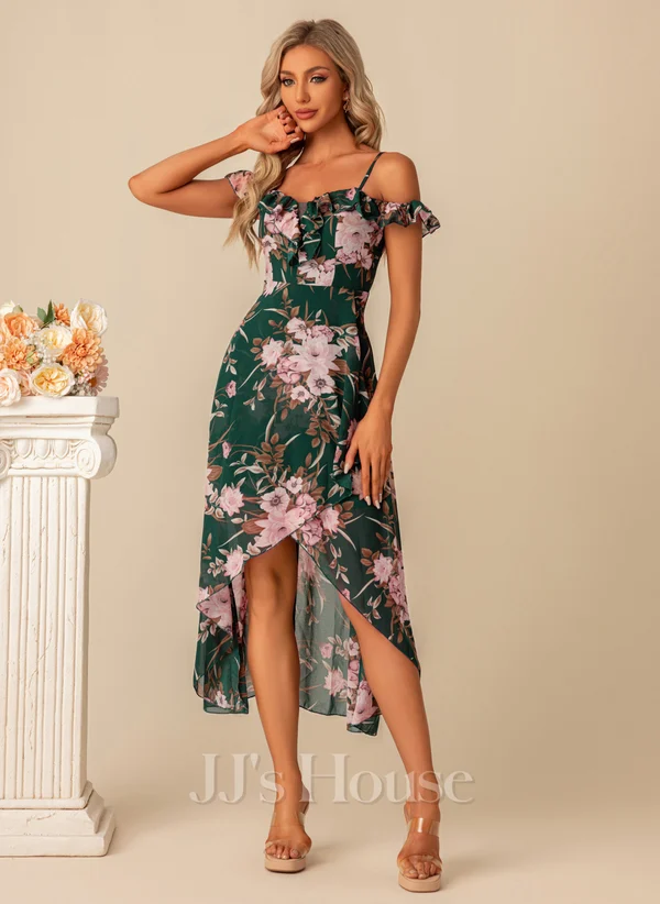 ﻿A-line Sweetheart Asymmetrical Tea-Length Chiffon Bridesmaid Dress With Ruffle