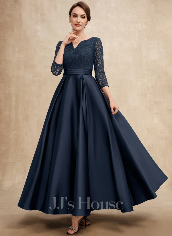 A-line V-Neck Ankle-Length Lace Satin Mother of the Bride Dress With Rhinestone 