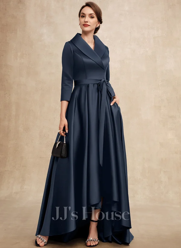 A-line V-Neck Collared Asymmetrical Satin Mother of the Bride Dress With Bow﻿