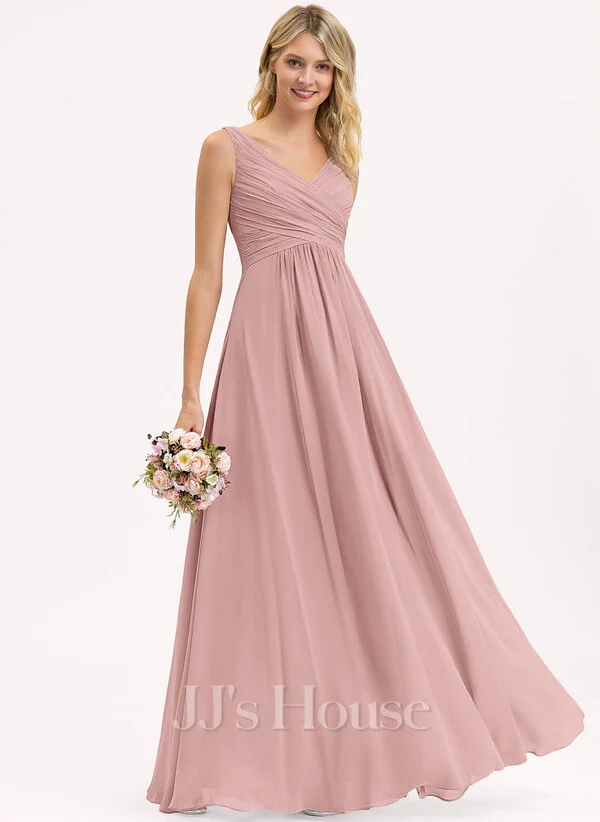 ﻿A-line V-Neck Floor-Length Chiffon Bridesmaid Dress With Pleated 