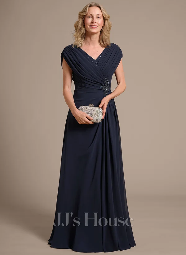 A-line V-Neck Floor-Length Chiffon Mother of the Bride Dress With Pleated Sequins Beading
