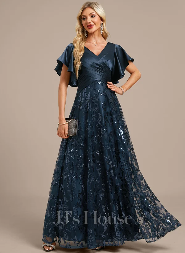 A-line V-Neck Floor-Length Stretch Satin Sequin Lace Mother of the Bride Dress With Pleats﻿