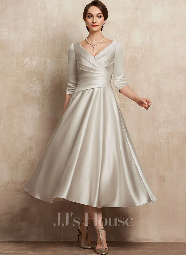 Lady in  A-line V-neck Tea-Length Satin Pleated Dress 