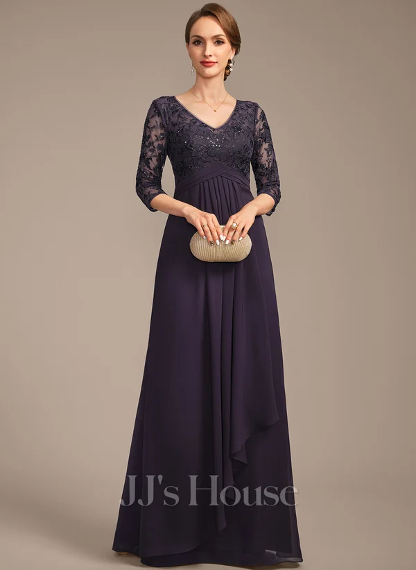 Empire V-Neck Floor-Length Lace Chiffon Mother of the Bride Dress With Cascading Ruffles Sequins﻿