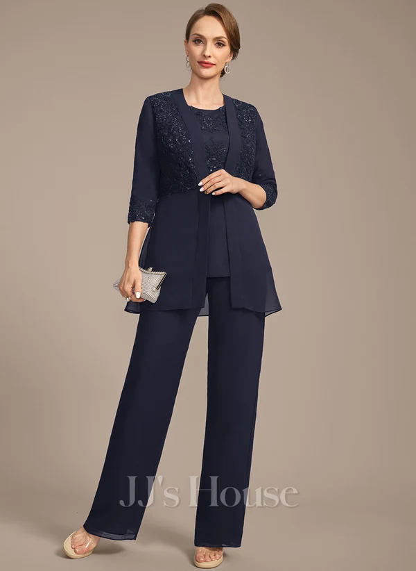Lady in  Floor-length Chiffon Pantsuits Separates with Sequin 