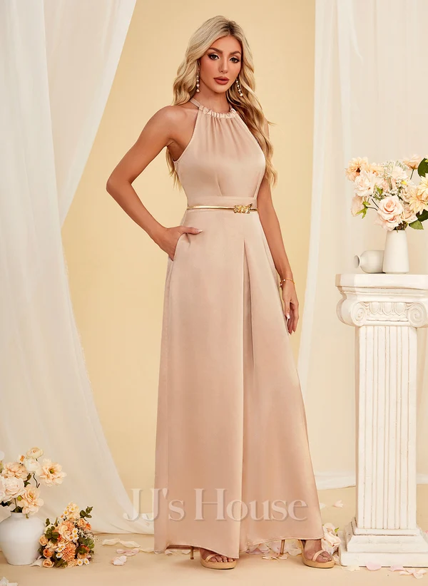 Lady in Jumpsuit Halter Floor-Length Satin Wedding Dress