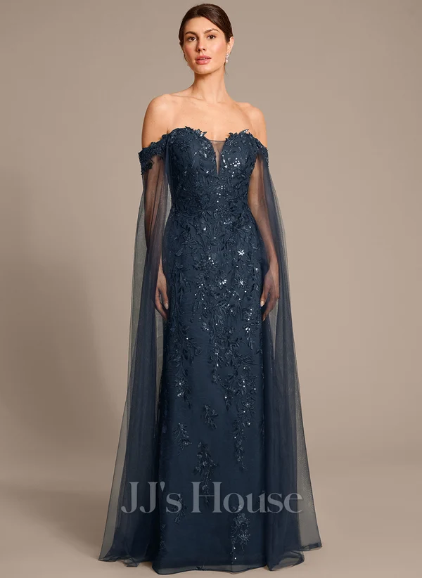 Off Shoulder Floor-Length Tulle Lace Mother of the Bride Dress With Sequins﻿