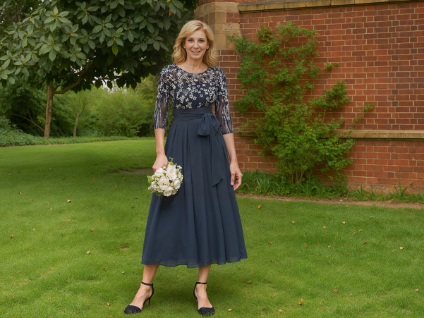 Mother in blue a-line mother of the bride dress holding a white bouquet
