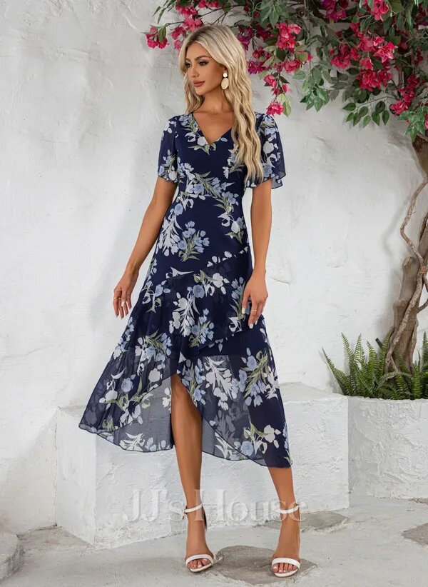 JJ's House Hiliana
Navy Blue Floral Print Chiffon Midi Dress