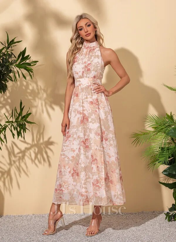 JJ's House Janelis
Pink Halter Floral Print Chiffon Midi Dress